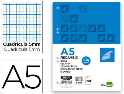 Recambio Liderpapel A5 100h 100g/m² c/5mm. con margen 6 taladros